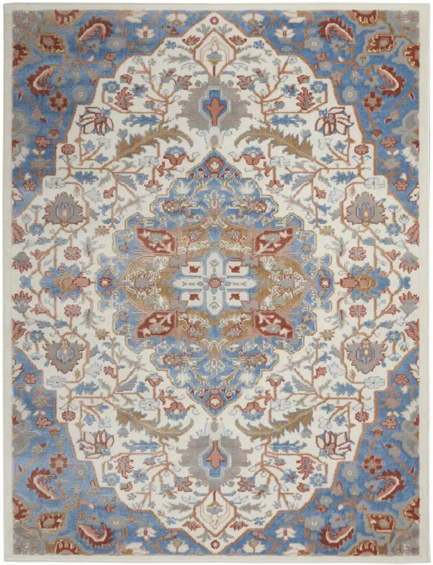 Ivory Tan and Blue Floral Medallion Non Skid Area Rug Photo 1