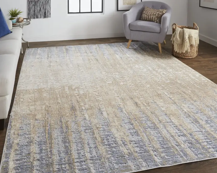 Ivory Tan and Blue Ombre Power Loom Worn Faded Area Rug Photo 9