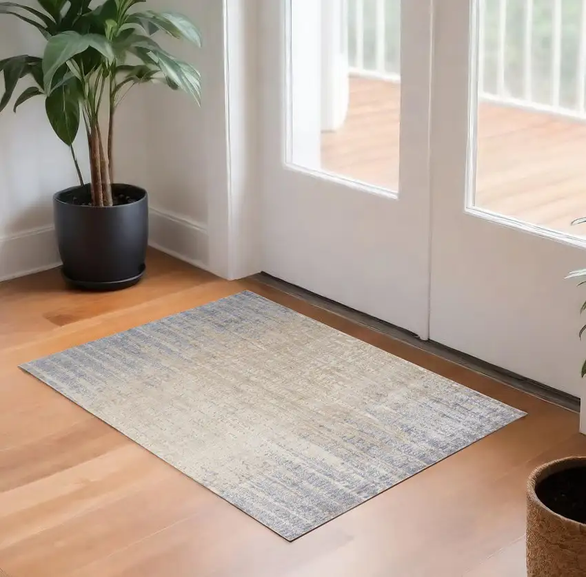 Ivory Tan and Blue Ombre Power Loom Worn Faded Area Rug Photo 1