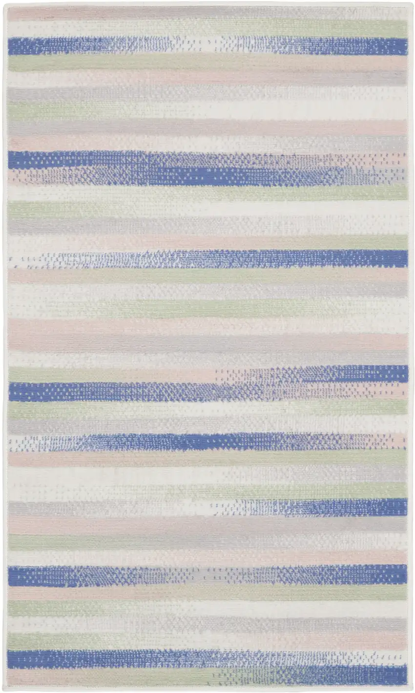 Ivory Tan and Blue Striped Area Rug Photo 2