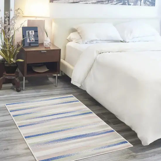 Ivory Tan and Blue Striped Area Rug Photo 3