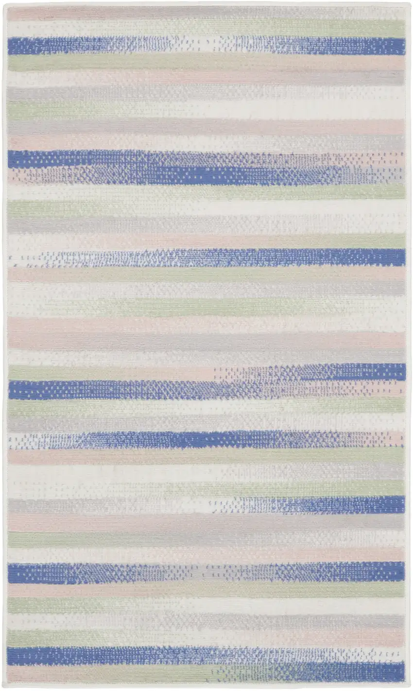 Ivory Tan and Blue Striped Area Rug Photo 1