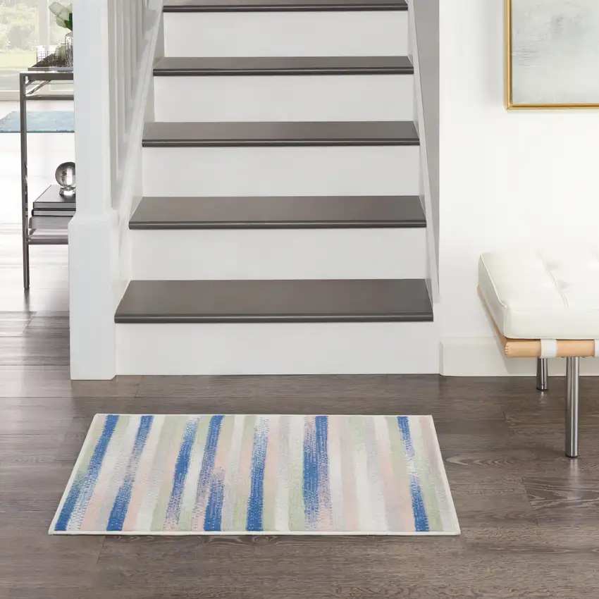 Ivory Tan and Blue Striped Area Rug Photo 9