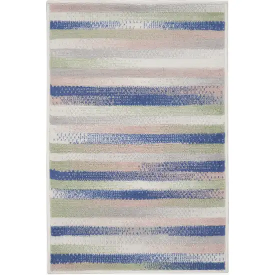 Ivory Tan and Blue Striped Area Rug Photo 2