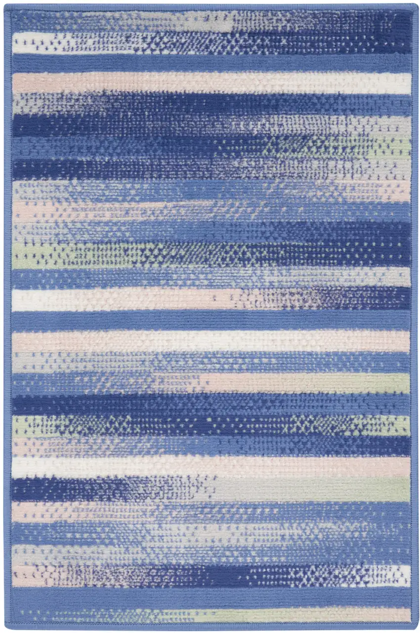Ivory Tan and Blue Striped Area Rug Photo 2