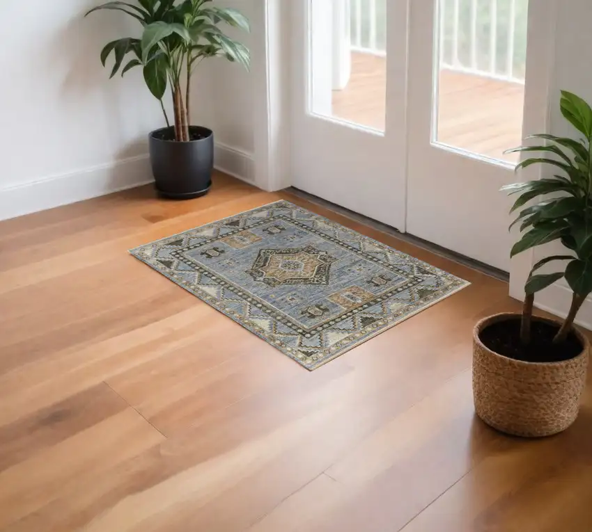 Ivory Tan and Blue Wool Oriental Hand Knotted Area Rug With Fringe Photo 1