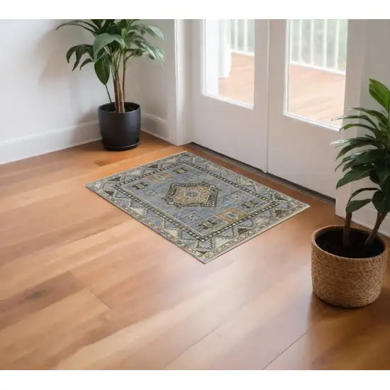 Ivory Tan and Blue Wool Oriental Hand Knotted Area Rug With Fringe Photo 1