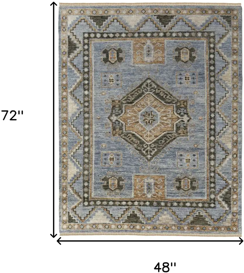 Ivory Tan and Blue Wool Oriental Hand Knotted Area Rug With Fringe Photo 3