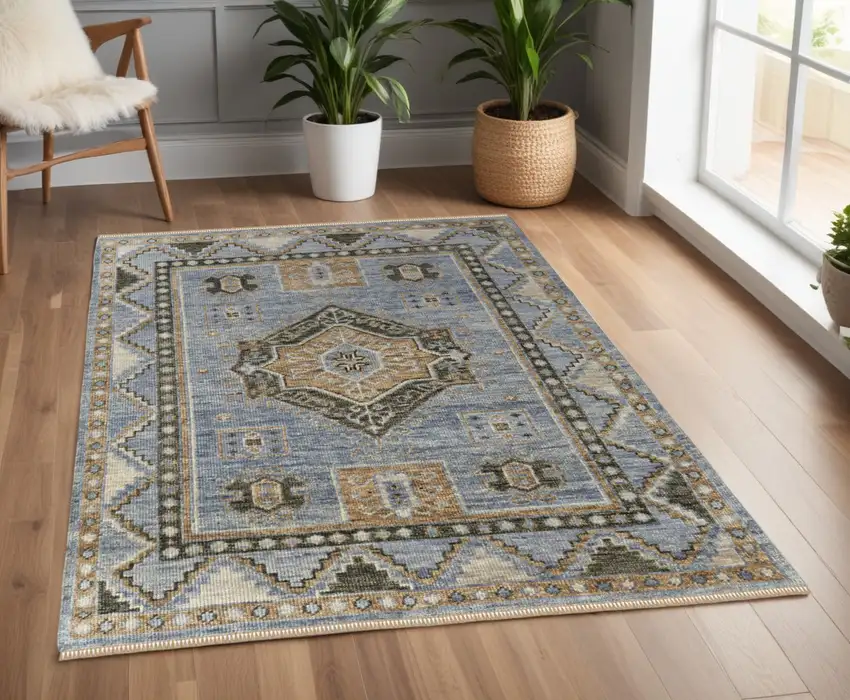 Ivory Tan and Blue Wool Oriental Hand Knotted Area Rug With Fringe Photo 1