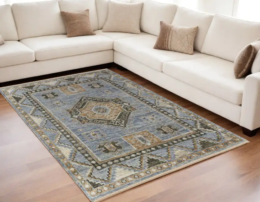 Ivory Tan and Blue Wool Oriental Hand Knotted Area Rug With Fringe Photo 1