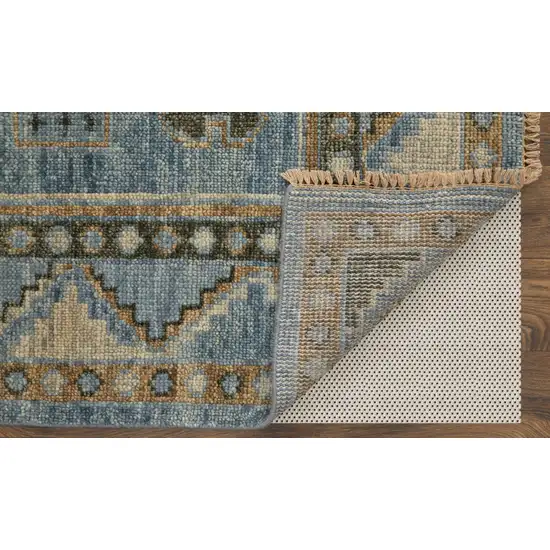 Ivory Tan and Blue Wool Oriental Hand Knotted Area Rug With Fringe Photo 9