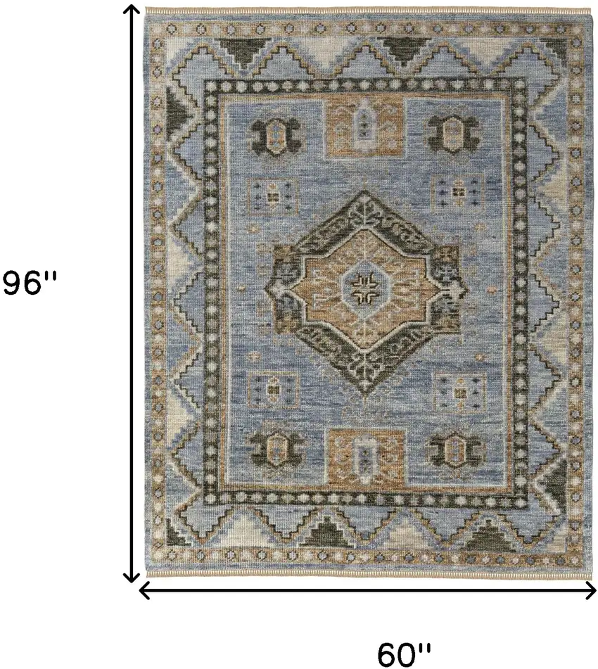 Ivory Tan and Blue Wool Oriental Hand Knotted Area Rug With Fringe Photo 3