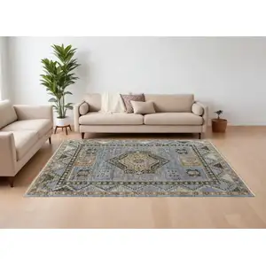 Photo of Ivory Tan and Blue Wool Oriental Hand Knotted Area Rug With Fringe