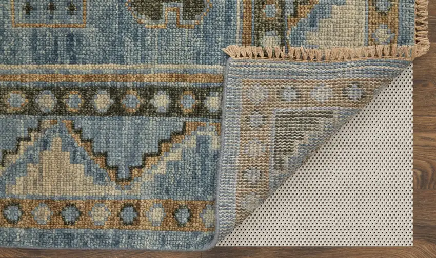 Ivory Tan and Blue Wool Oriental Hand Knotted Area Rug With Fringe Photo 9