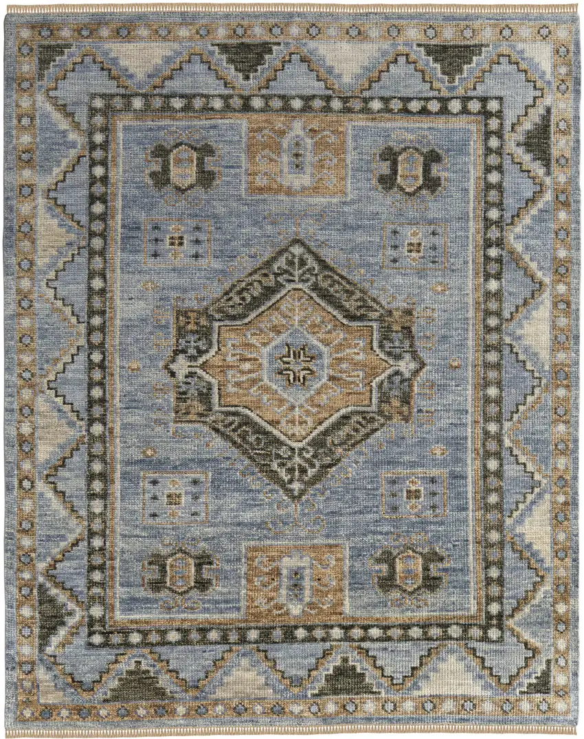 Ivory Tan and Blue Wool Oriental Hand Knotted Area Rug With Fringe Photo 6
