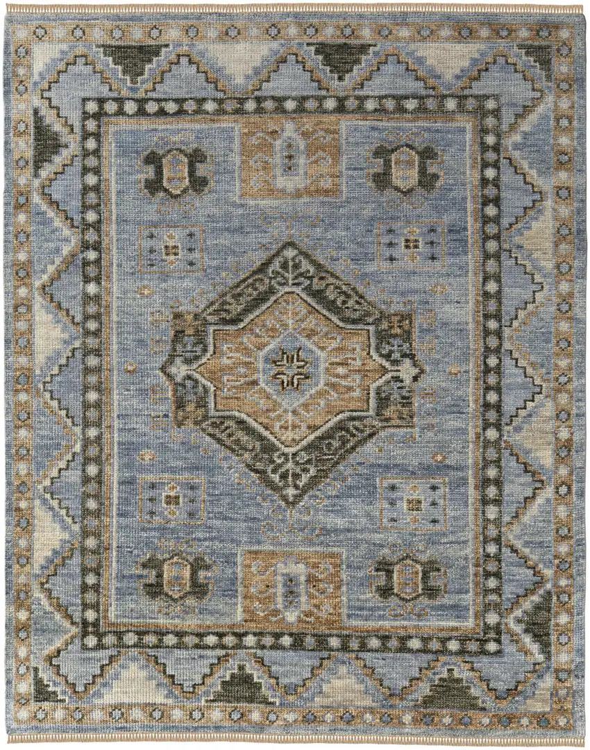 Ivory Tan and Blue Wool Oriental Hand Knotted Area Rug With Fringe Photo 4