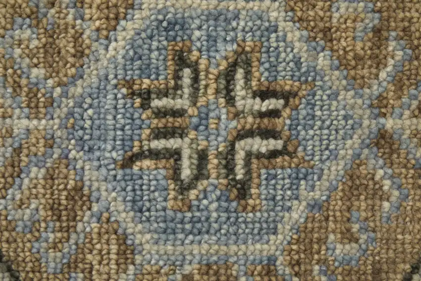 Ivory Tan and Blue Wool Oriental Hand Knotted Area Rug With Fringe Photo 8