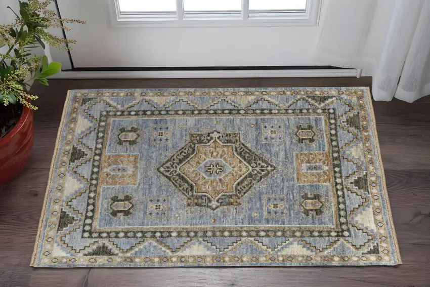 Ivory Tan and Blue Wool Oriental Hand Knotted Area Rug With Fringe Photo 1