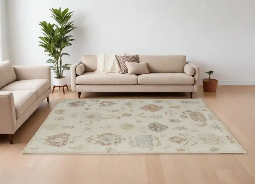 Ivory Tan and Gray Wool Floral Hand Knotted Area Rug Photo 1