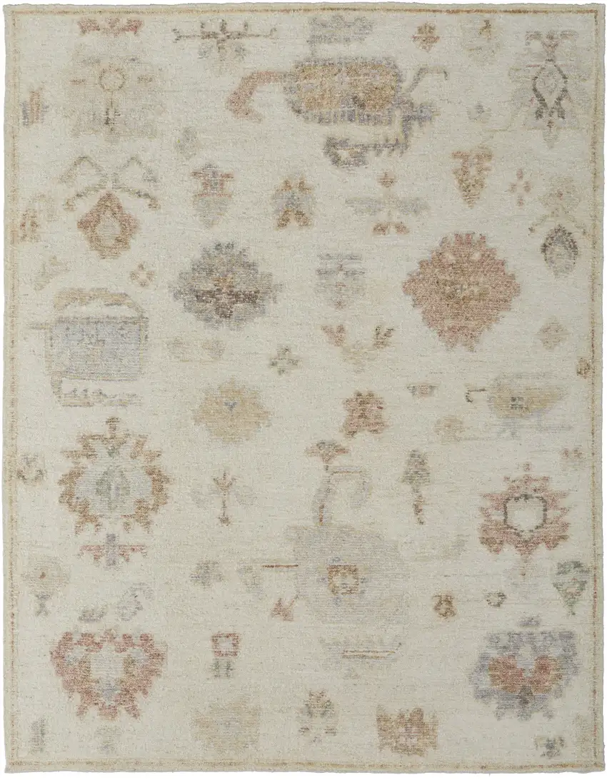 Ivory Tan and Gray Wool Floral Hand Knotted Area Rug Photo 5