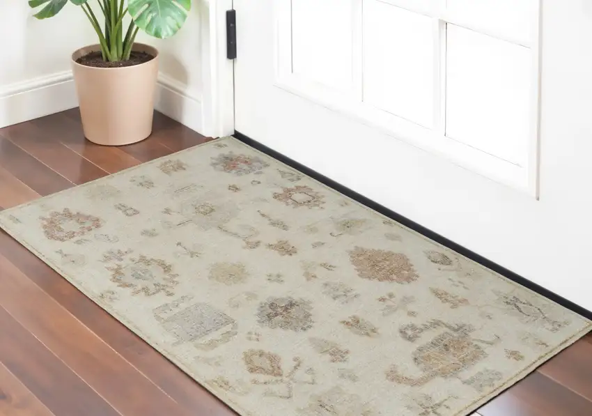 Ivory Tan and Gray Wool Floral Hand Knotted Area Rug Photo 1