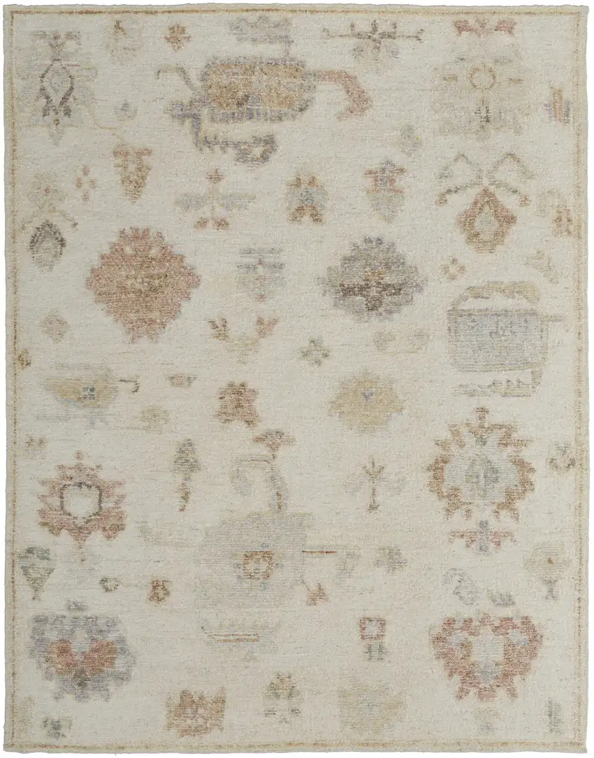 Ivory Tan and Gray Wool Floral Hand Knotted Area Rug Photo 2