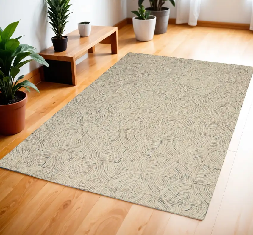 Ivory Tan and Gray Wool Geometric Area Rug Photo 1