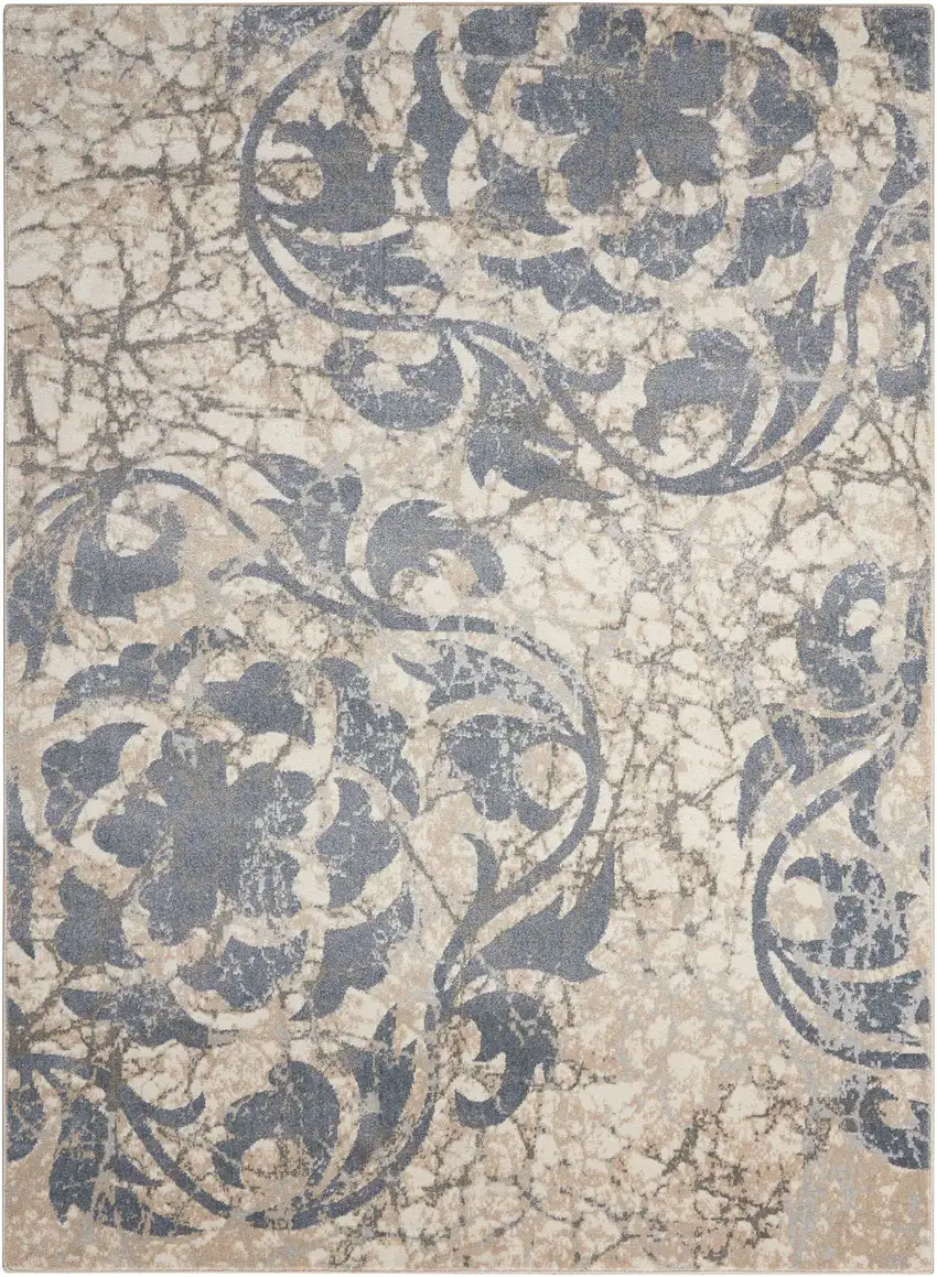 Ivory Tan and Slate Gray Floral Distressed Area Rug Photo 2