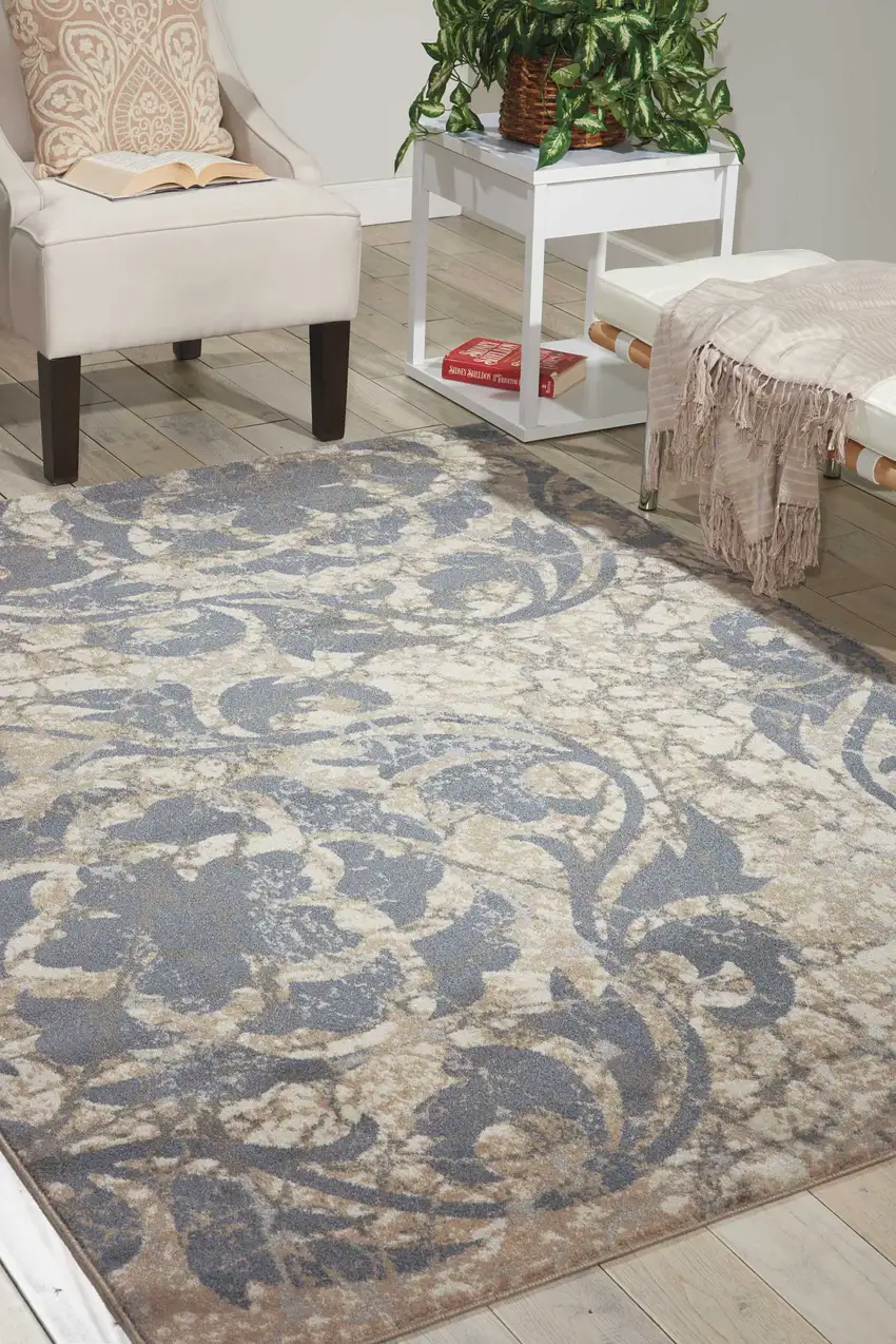 Ivory Tan and Slate Gray Floral Distressed Area Rug Photo 7