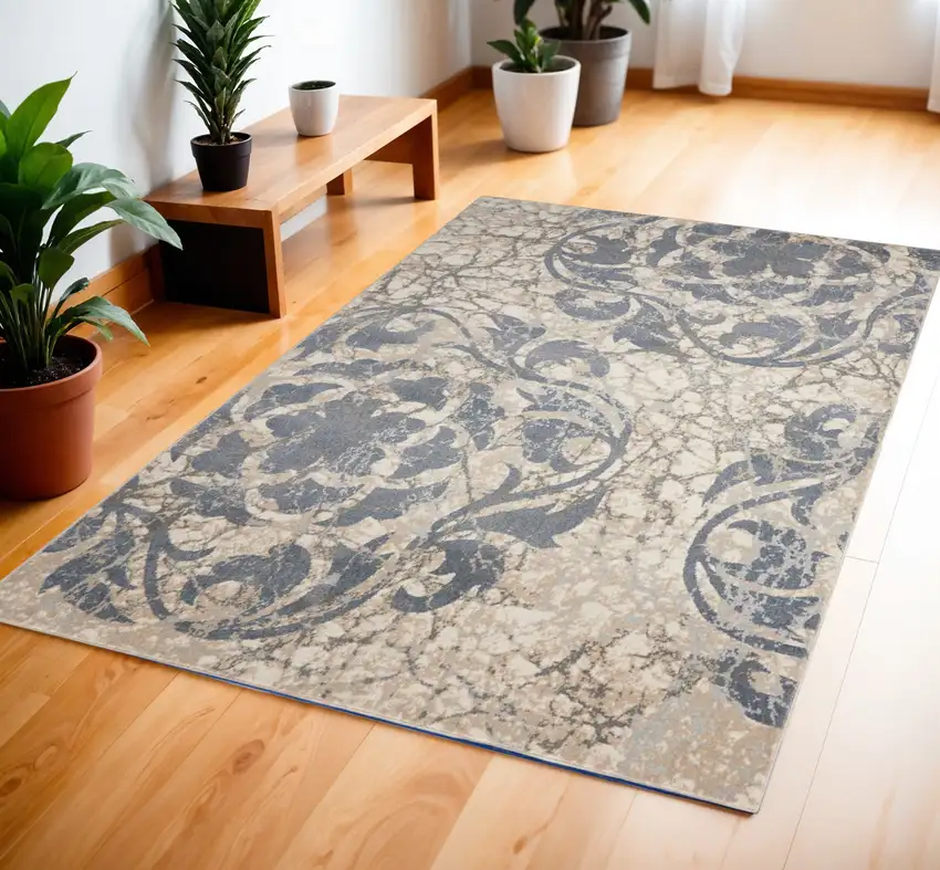 Ivory Tan and Slate Gray Floral Distressed Area Rug Photo 1