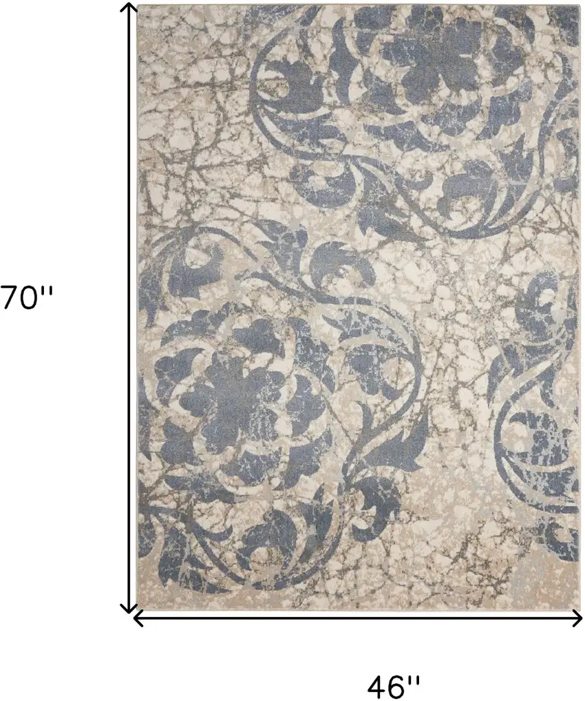 Ivory Tan and Slate Gray Floral Distressed Area Rug Photo 3