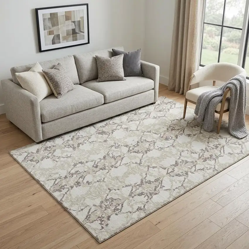 Ivory Taupe And Beige Abstract Washable Area Rug With UV Protection Photo 1