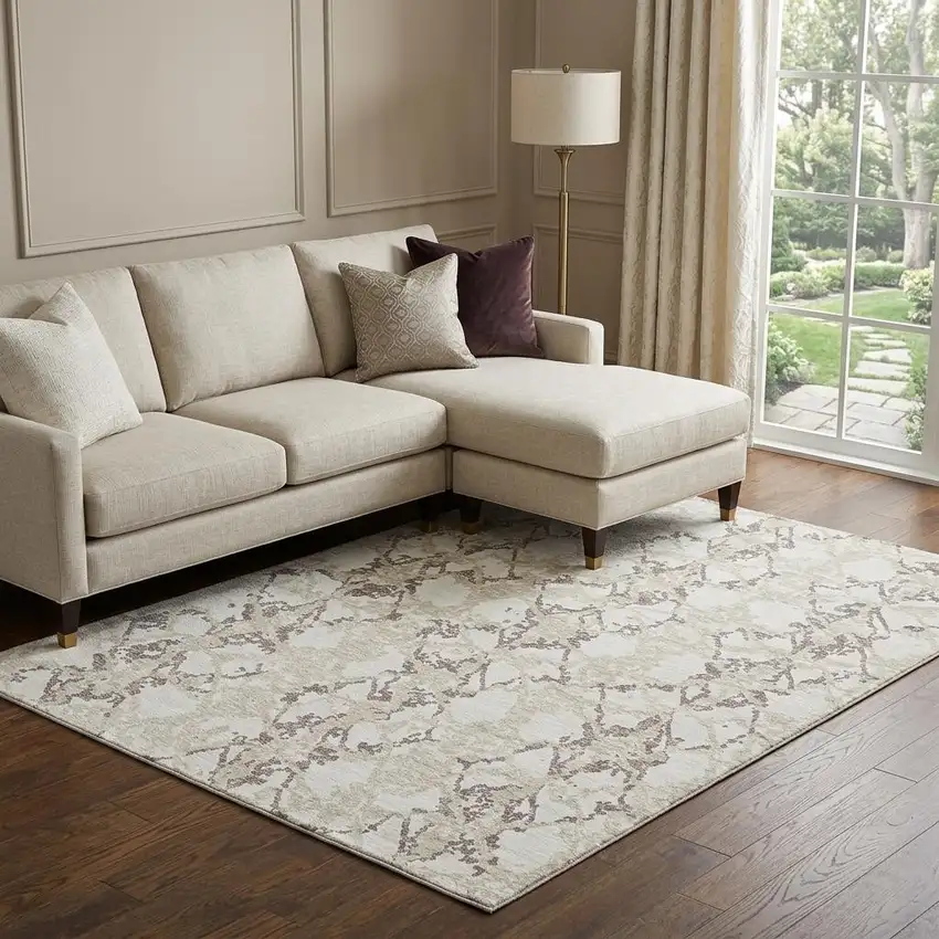 Ivory Taupe And Beige Abstract Washable Area Rug With UV Protection Photo 1