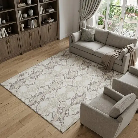 Ivory Taupe And Beige Abstract Washable Area Rug With UV Protection Photo 1