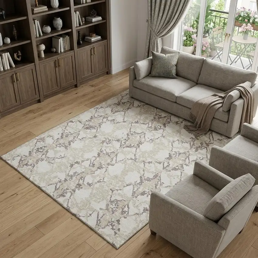 Ivory Taupe And Beige Abstract Washable Area Rug With UV Protection Photo 1