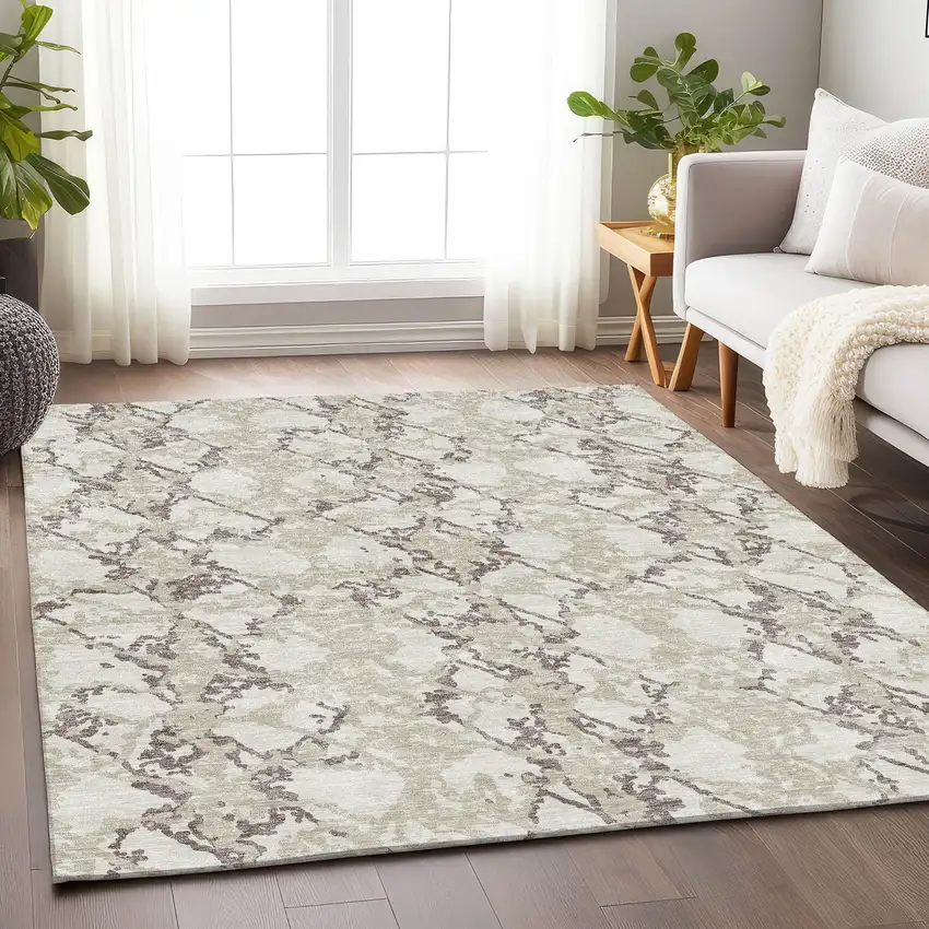 Ivory Taupe And Beige Abstract Washable Area Rug With UV Protection Photo 4