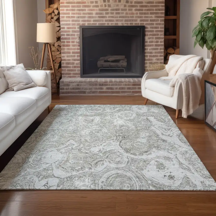Ivory Taupe And Beige Abstract Washable Indoor Outdoor Area Rug Photo 6