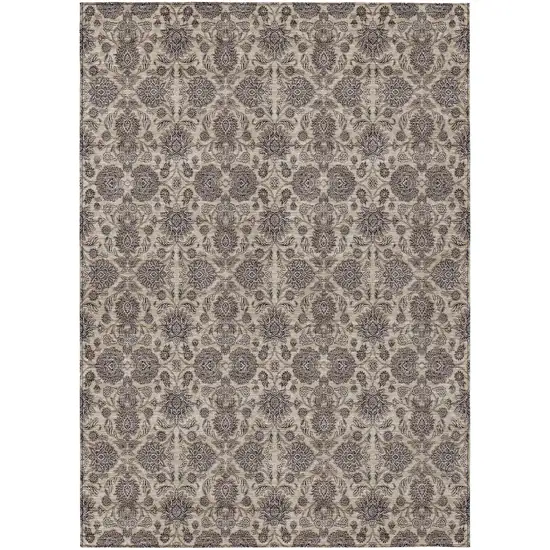 Ivory Taupe And Beige Floral Washable Indoor Outdoor Area Rug Photo 1