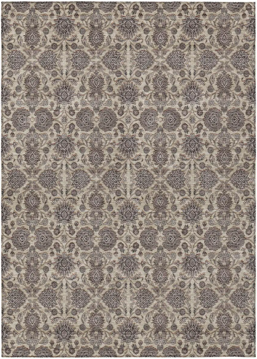 Ivory Taupe And Beige Floral Washable Indoor Outdoor Area Rug Photo 1