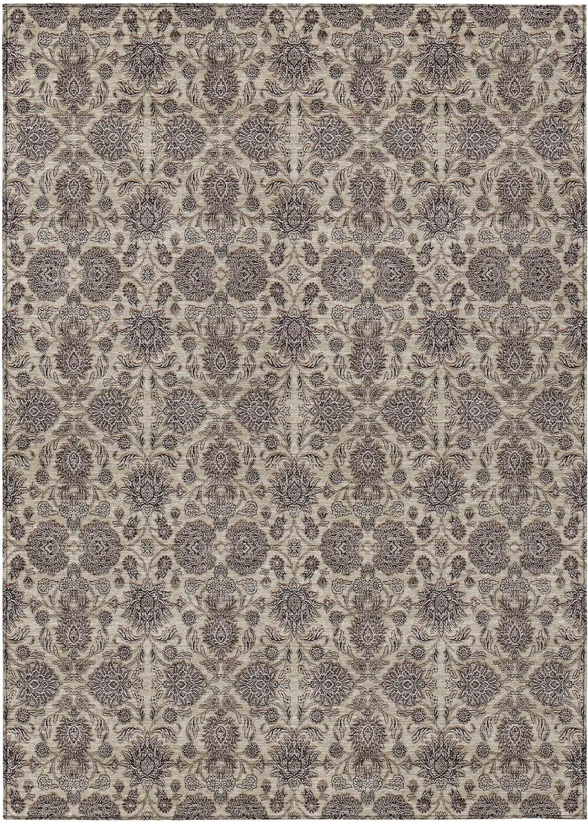 Ivory Taupe And Beige Floral Washable Indoor Outdoor Area Rug Photo 1