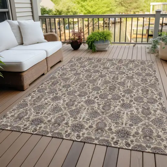 Ivory Taupe And Beige Floral Washable Indoor Outdoor Area Rug Photo 6