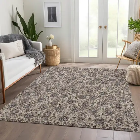 Ivory Taupe And Beige Floral Washable Indoor Outdoor Area Rug Photo 7