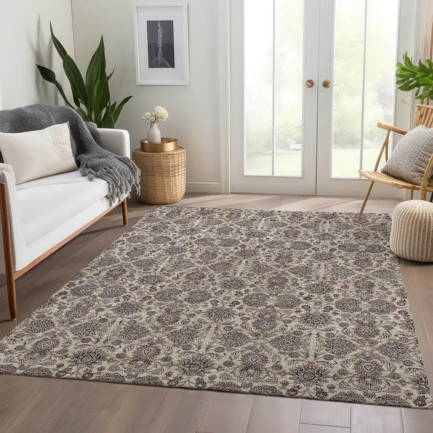 Ivory Taupe And Beige Floral Washable Indoor Outdoor Area Rug Photo 7