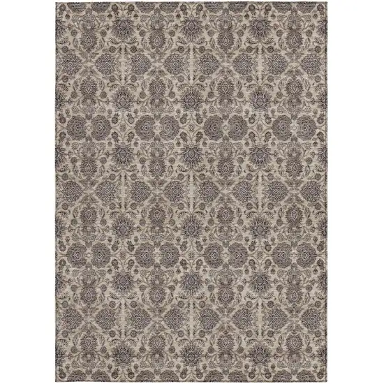 Ivory Taupe And Beige Floral Washable Indoor Outdoor Area Rug Photo 5