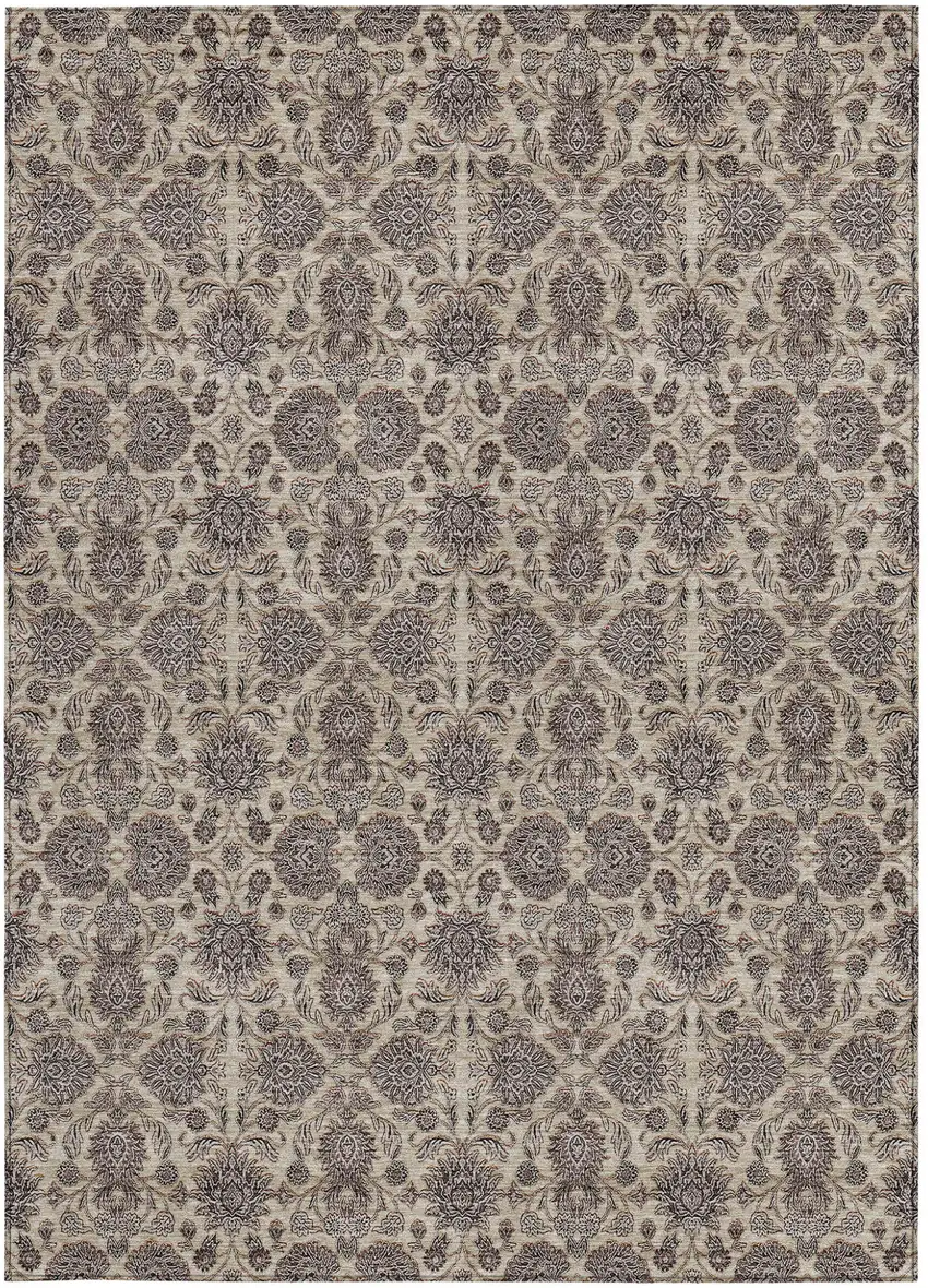 Ivory Taupe And Beige Floral Washable Indoor Outdoor Area Rug Photo 5