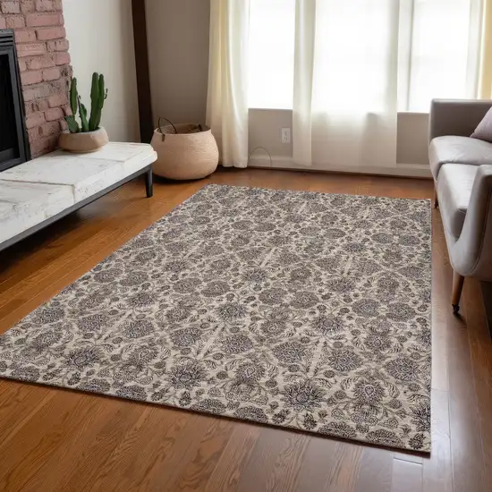 Ivory Taupe And Beige Floral Washable Indoor Outdoor Area Rug Photo 8