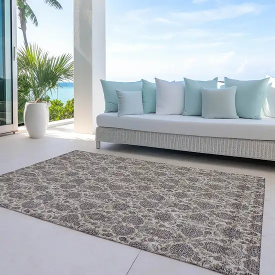 Ivory Taupe And Beige Floral Washable Indoor Outdoor Area Rug Photo 9