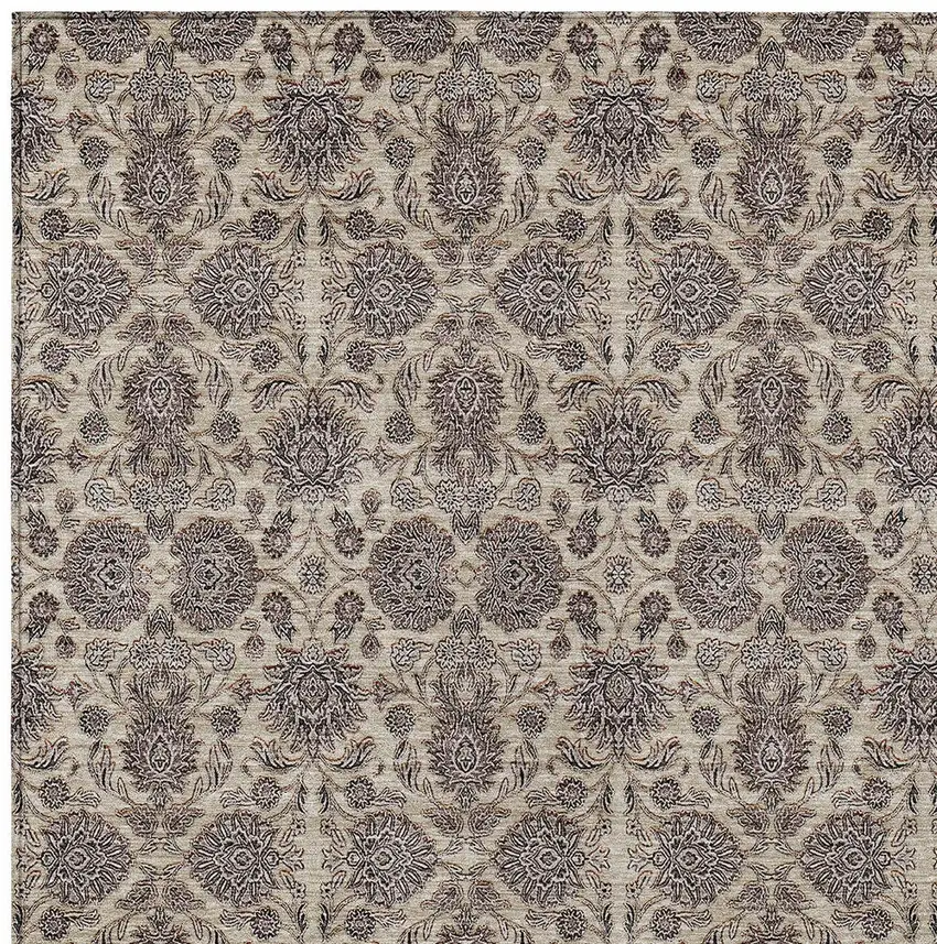 Ivory Taupe And Beige Floral Washable Indoor Outdoor Area Rug Photo 6