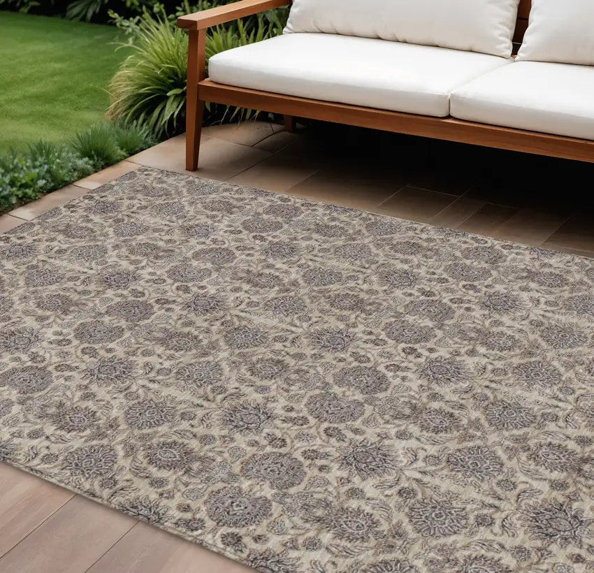 Ivory Taupe And Beige Floral Washable Indoor Outdoor Area Rug Photo 7