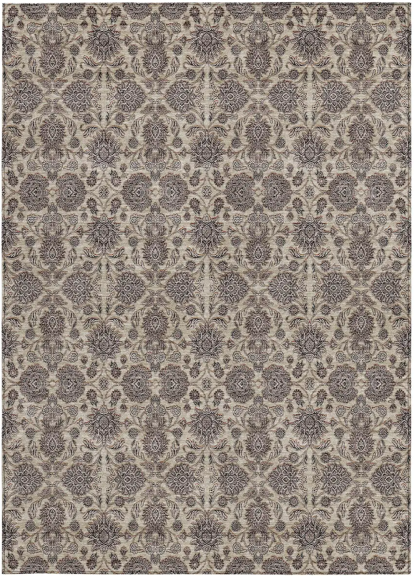 Ivory Taupe And Beige Floral Washable Indoor Outdoor Area Rug Photo 2